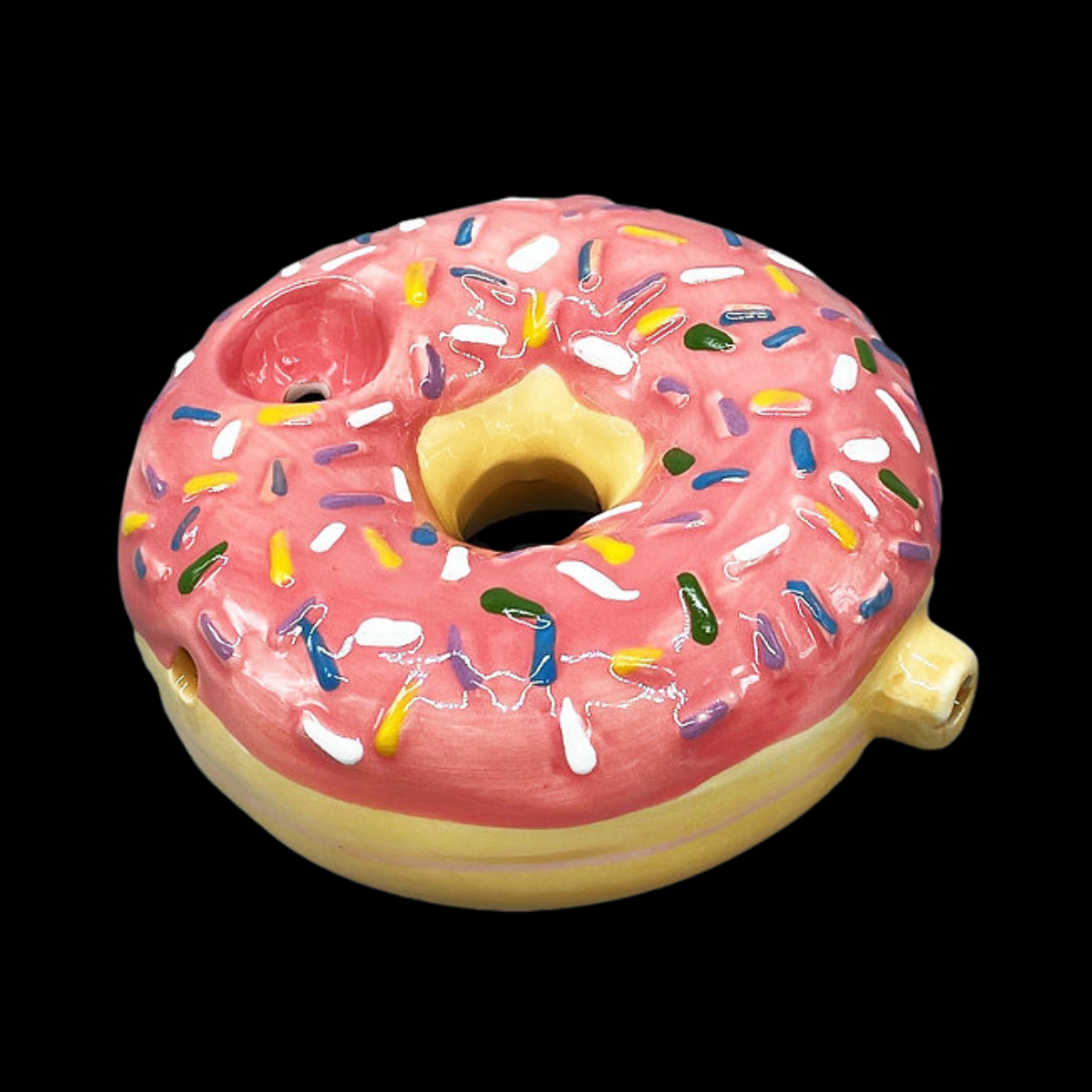 Ceramic Doughnut Pipe featuring a whimsical doughnut design with vibrant colours and intricate details.
