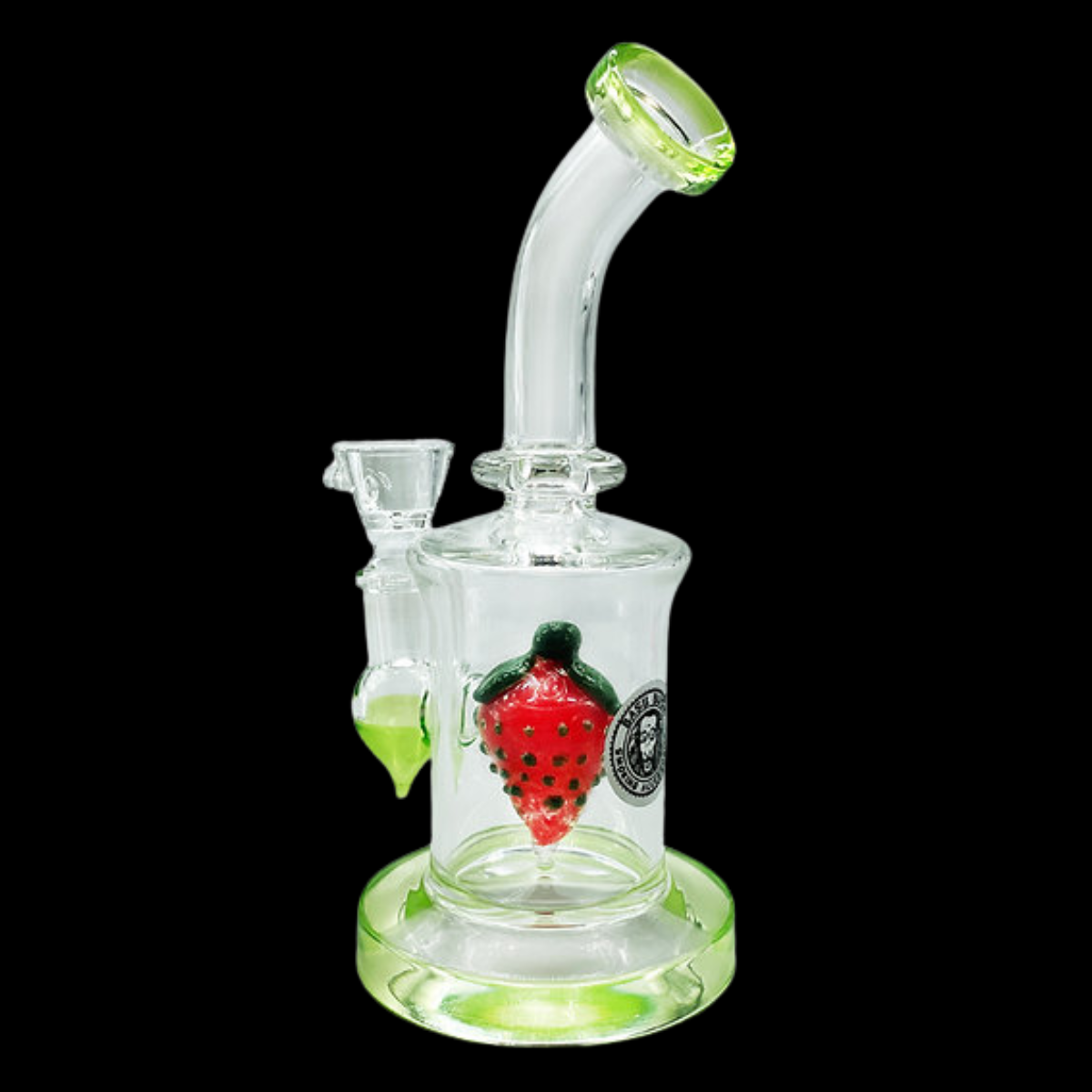 Glass Strawberry Percolator Bong displayed on a stable base.
