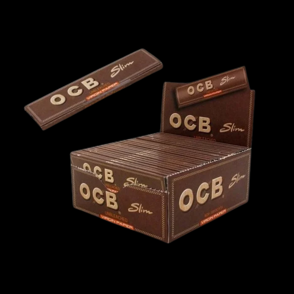 OCB Unbleached Kingsize Slim Rolling Papers booklet showcasing eco-friendly design.
