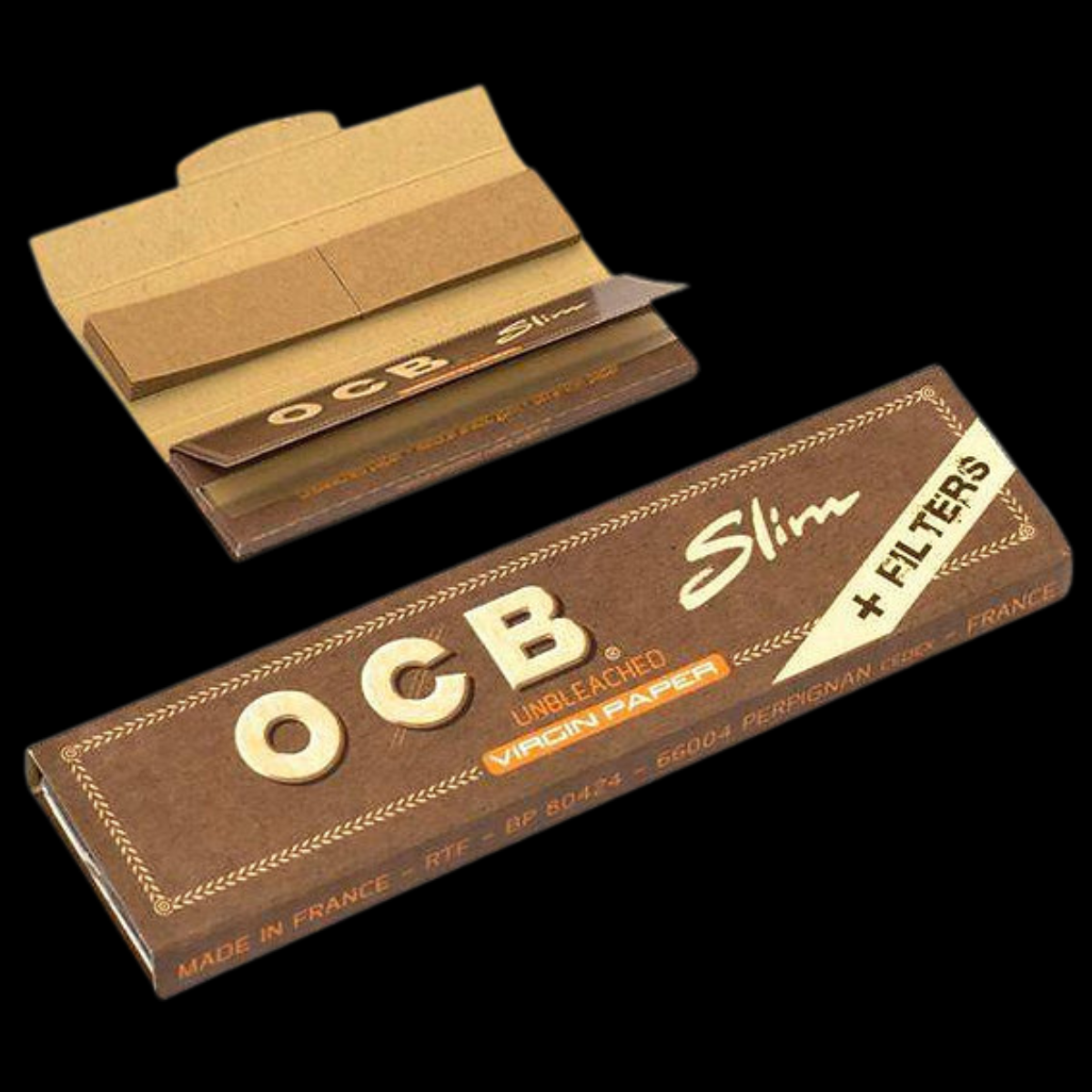 OCB Unbleached Kingsize Slim Rolling Papers with Tips booklet showcasing eco-friendly packaging.
