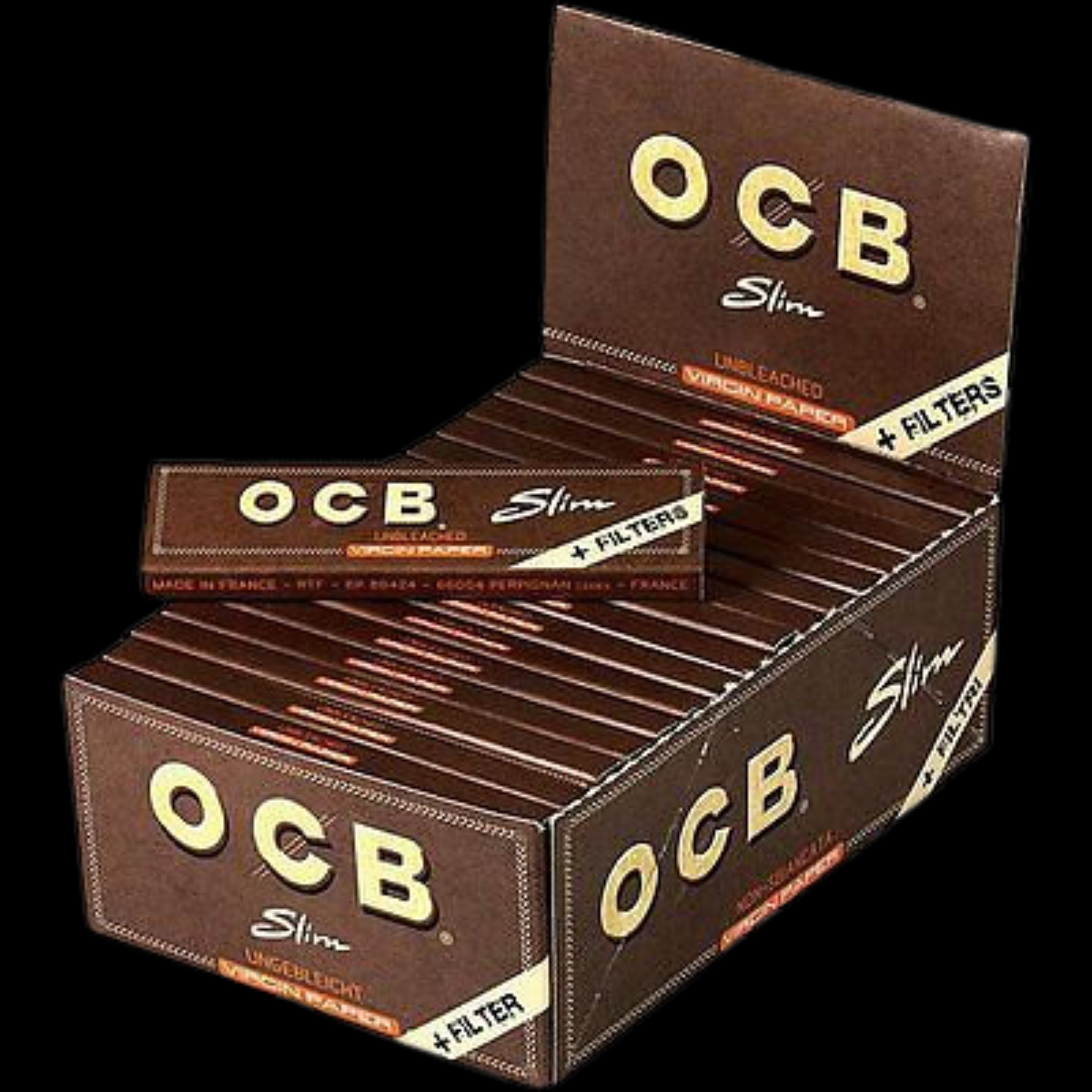 Close-up of OCB Unbleached rolling papers and pre-cut tips ready for use.
