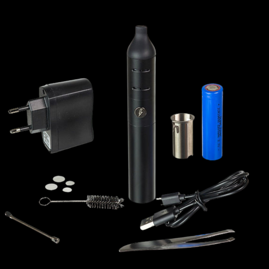 Close-up of the Storm Vaporiser with accessories displayed.
